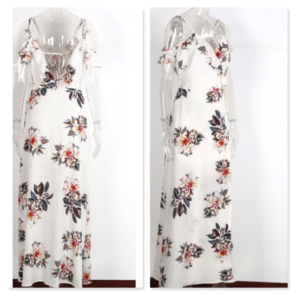 White Floral Ruffle Detail Off Shoulder Maxi Dress - Picture 8 of 8